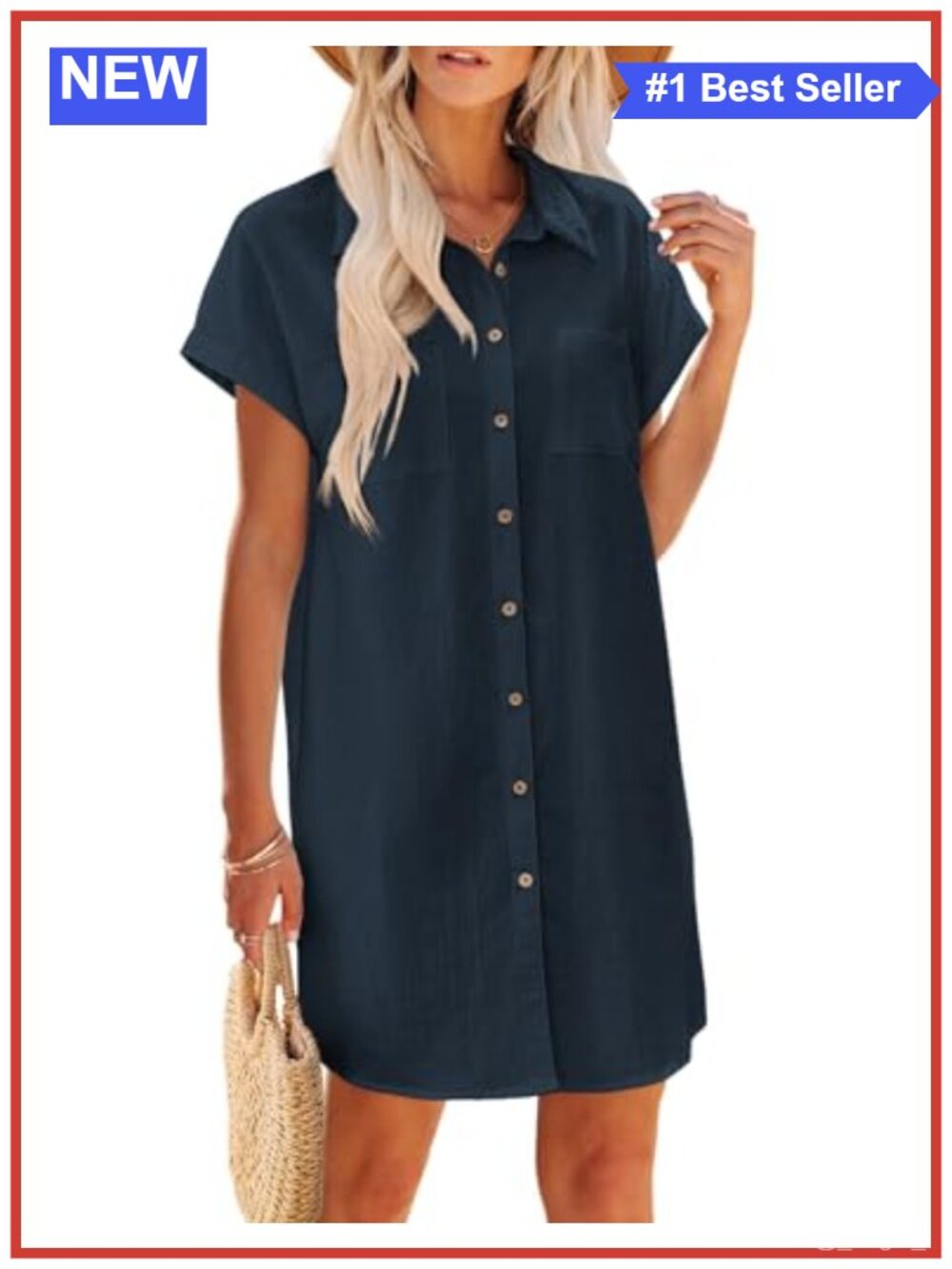 Cotton Button Down Short Sleeve Mini Casual Dress Above Knee with Pockets